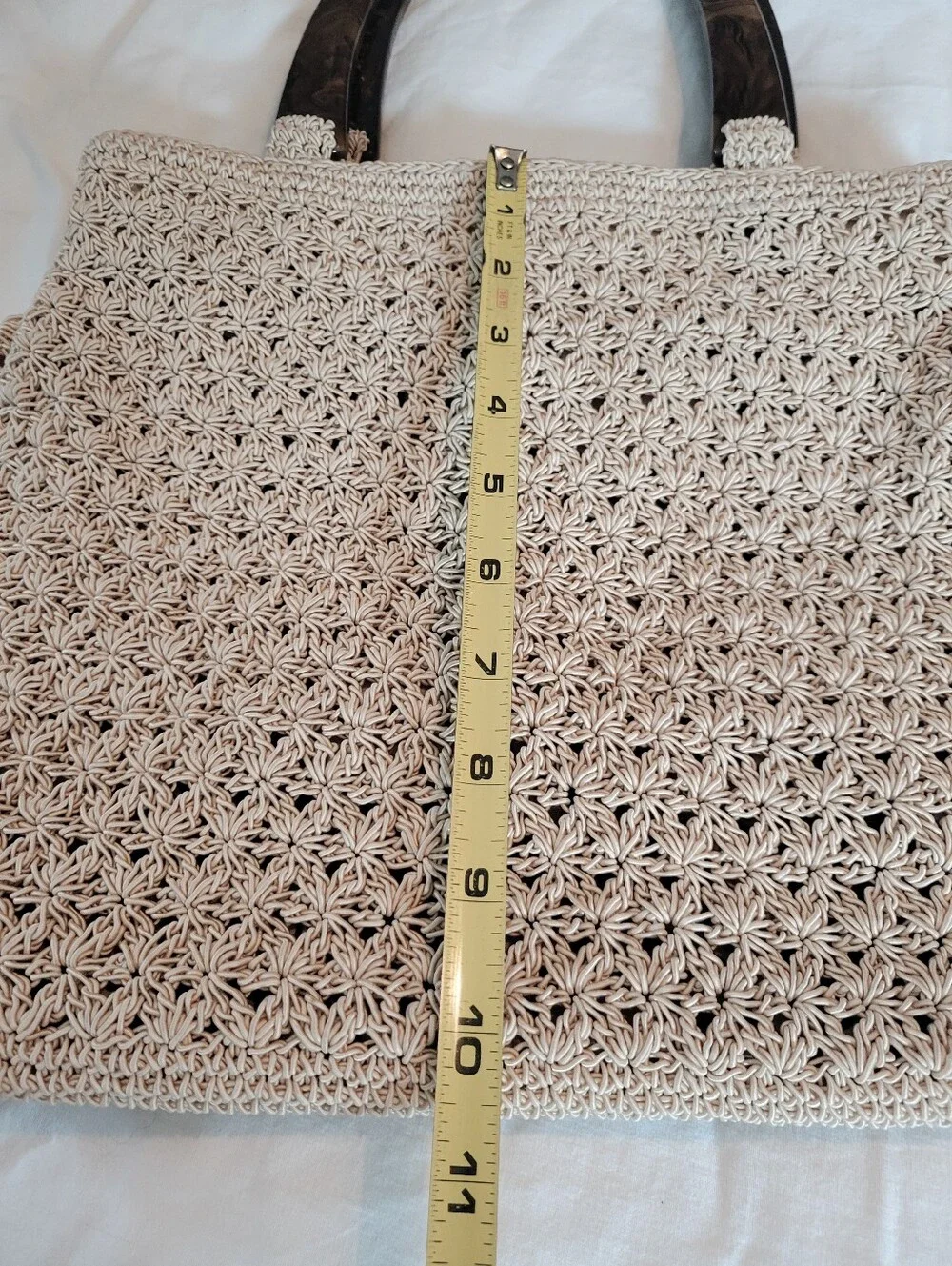 Vintage Liz Claiborne Cream Crochet Star Stitch Handbag Tortoiseshell Handle
